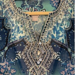 Chico’s Embellished Sheer Tunic Blue Paisley Boho Top Size 3 XL 16/18